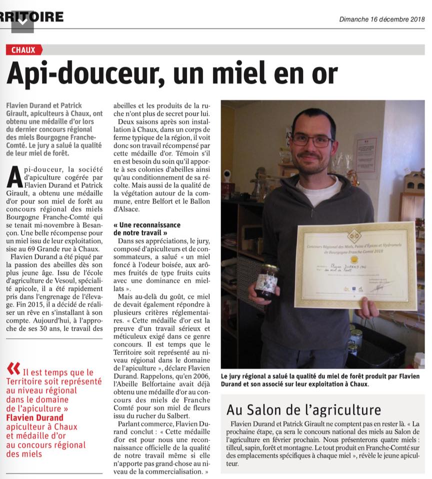 article Est Républicain : médaille d'or pour le miel de forêt